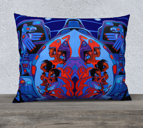 Rectangular art-printed pillow with images of people and birds, blue and red.