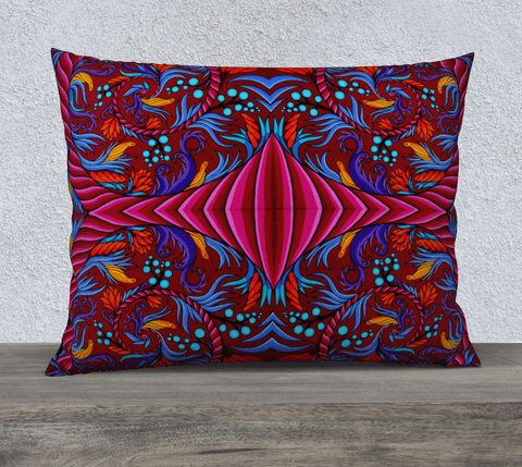 Rectangular art-printed pillow, dark red with blue, purple and orange designs 