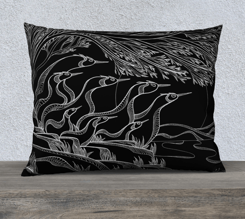 Rectangular black and white art-printed pillow with birds and plants design