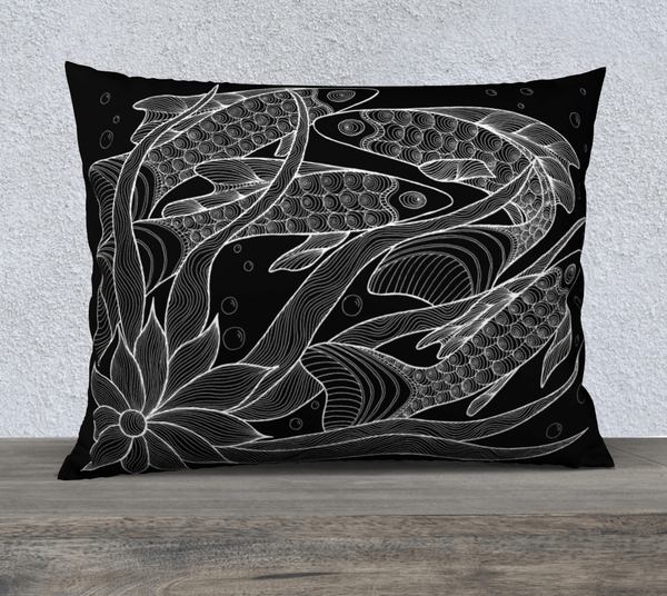 Rectangular black and white pillow with fish and plant design.