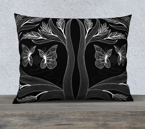 Rectangular black and white art printed pillow with butterflies and plants