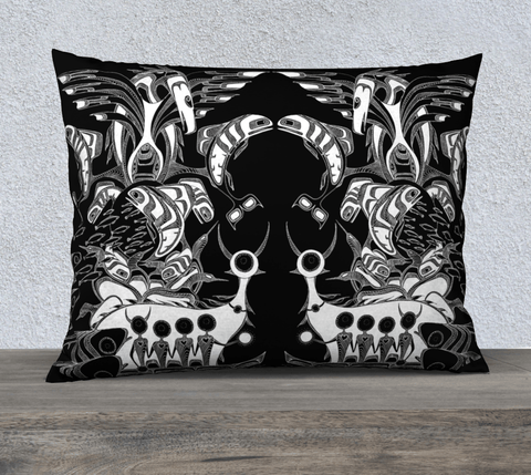 Rectangular black and white, art-printed pillow.