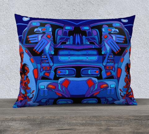 Rectangular art-printed pillow, with images of people and birds, blue, red and black. 